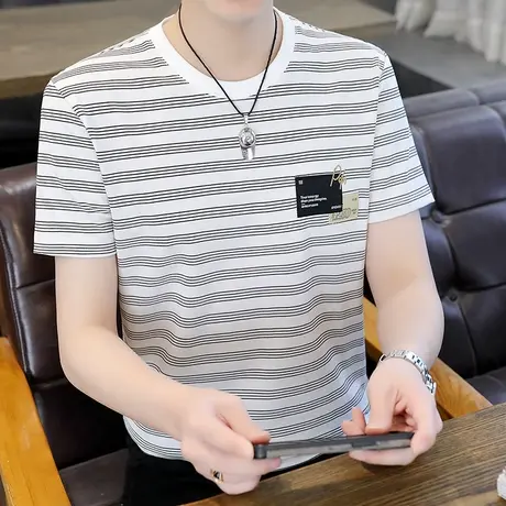 夏季新款条纹圆领短袖T恤男韩版潮流徽章刺绣潮牌男装半袖体恤棉商品大图