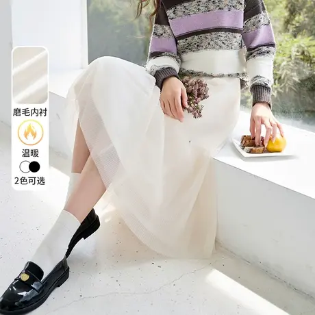 【直播间闪降】香影网纱半身裙女2023秋冬装新款百褶显瘦米色超仙图片