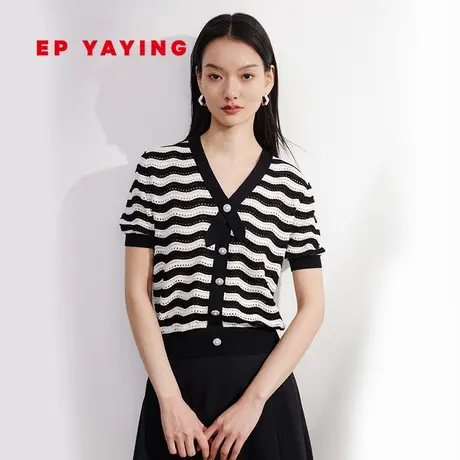 EP YAYING雅莹女装 V领条纹镂空短袖针织衫 2024春装新款9528A图片