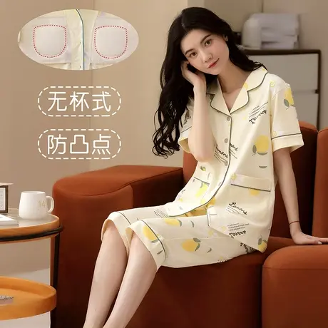 无杯式防凸点短袖家居服纯棉遮胸前开扣七分裤套装夏商品大图