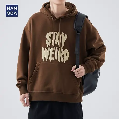 hansca美式街头重磅加绒连帽卫衣男秋冬款发泡字母印花长袖上衣潮商品大图