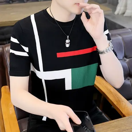 2023夏季新款高档冰麻短袖针织衫男超高弹性半袖T恤个性男装上衣商品大图