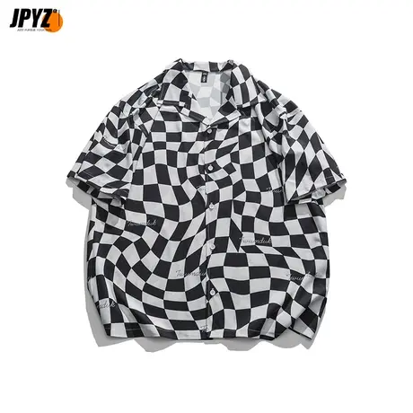 高街复古克莱因蓝拼色棋盘格短袖古巴领衬衫男小众潮牌翻领夏外套商品大图