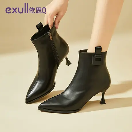 exull/依思Q高跟短靴女2023新款秋冬季高跟鞋皮面法式风细跟女靴图片