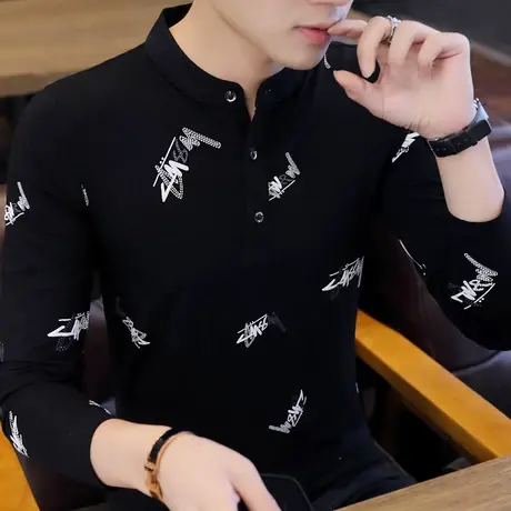 保罗男装秋季新款男士青年T恤衬衫领长袖体桖棉感立领POLO衫上衣商品大图