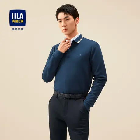 HLA/海澜之家撞色翻领长袖POLO衫图案刺绣合体亲肤柔软服帖衬衣男图片