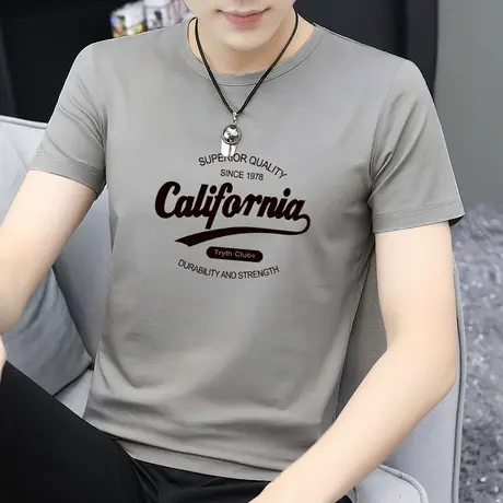 莫代尔冰丝t恤男士短袖圆领上衣服凉感速干半袖夏季潮流印花体恤图片