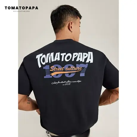 TOMATOPAPA夏季新款短袖圆领T恤品牌字母烫画图案基础百搭棉上衣商品大图