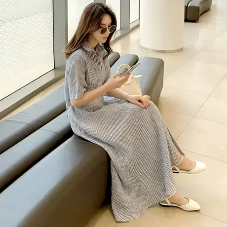新款短袖条纹衬衫棉麻连衣裙女中长款韩版宽松大码系带收腰亚麻裙图片