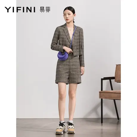 Yifini/易菲宽松休闲直筒短裤女早秋新款通勤灰色格纹高腰裤图片