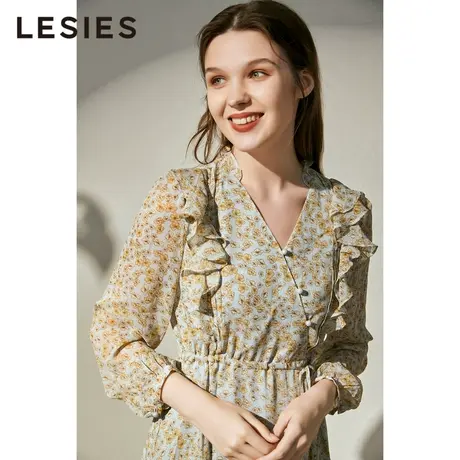 LESIES蓝色倾情春夏新V领抽绳设计荷叶边雪纺淑女碎花连衣裙图片