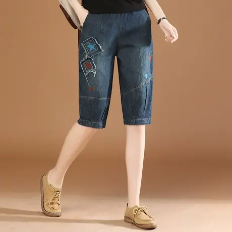 韩潮袭人松紧腰休闲刺绣牛仔五分裤女2023夏新款宽松百搭哈伦裤薄商品大图