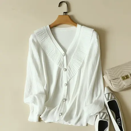 雪纺长袖冰丝针织开衫女秋季2023年新款宽松上衣洋气蕾丝打底衫女图片