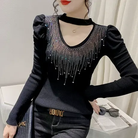 性感镂空针织衫女士春秋新款时尚泡泡袖毛衣套头洋气紧身打底上衣图片