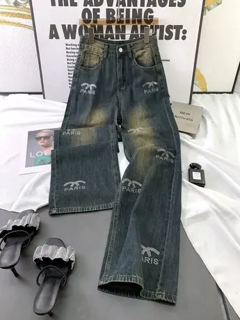 韩版钉钻时尚高腰牛仔裤女2023秋季新款显瘦阔腿阔裤百搭直筒长裤商品大图