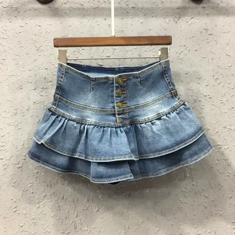 裤裙女潮春夏新款欧洲站时尚百褶牛仔蛋糕裙 显瘦蓬蓬裤裙半身裙图片