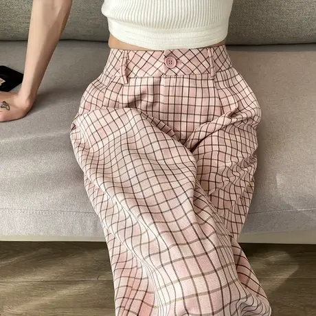 粉色格子阔腿裤女2023年春秋新款高腰直筒宽松显瘦复古休闲拖地裤图片