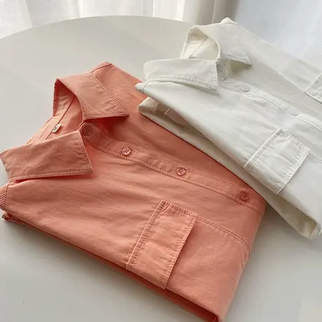 纯棉衬衫女士设计感春装宽松休闲中长款慵懒风上衣双口袋白色衬衣商品大图