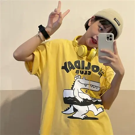 红续卡通小鳄鱼印花圆领短袖T恤女夏季休闲宽松设计感小众ins潮图片