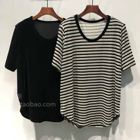 23早秋韩国ulzzang新款下摆弧形宽松中长款U领垫肩丝绒短袖T恤女商品大图