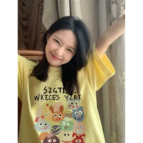 纯棉设计感趣味卡通短袖t恤女夏季港风chic宽松半袖上衣洋气减龄商品大图