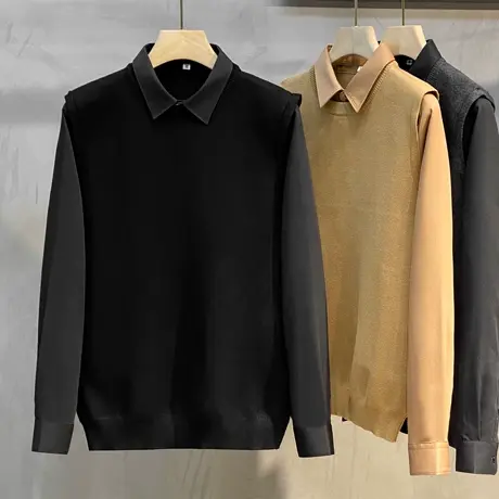 2023秋冬季假两件毛衣男士衬衫领厚款韩版休闲修身打底针织衫潮流图片