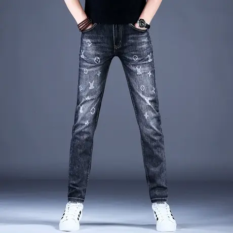 2023男士春夏新款牛仔裤子简约精致印花修身小脚裤男潮牌棉弹百搭商品大图
