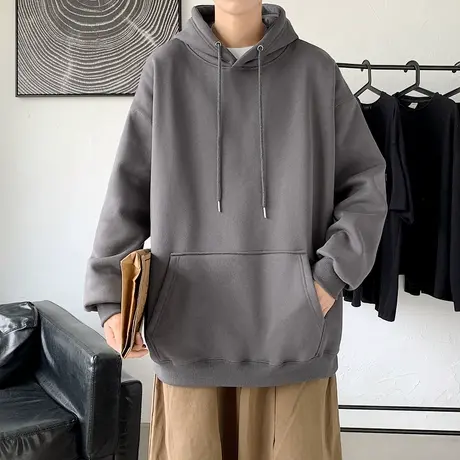 连帽卫衣男2023新款春秋季纯色帽衫男生上衣美式高街宽松痞帅外套商品大图