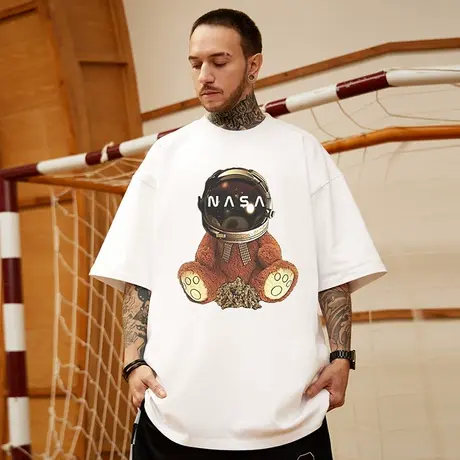 美式重磅潮牌胖子男装大码宽松NASA联名短袖T恤宇航员半袖夏小熊商品大图