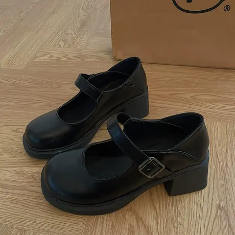 黑色复古粗跟高跟鞋皮鞋女2023年新款春秋法式配裙子玛丽珍鞋单鞋商品大图