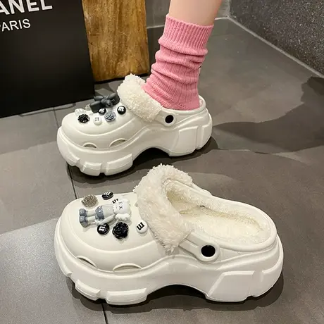 可爱软萌洞洞鞋女外穿2023秋冬新款百搭保暖增高小个子包头棉拖商品大图