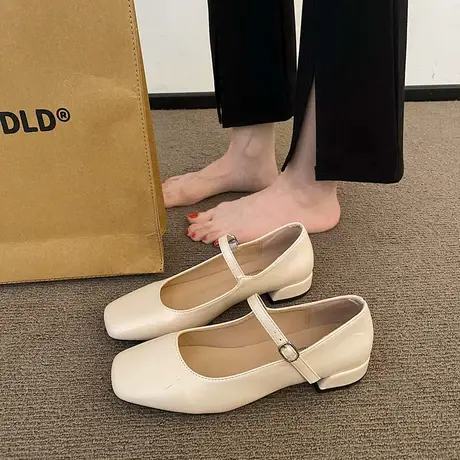 永希单鞋女2023年春夏新款洋气粗跟防滑小皮鞋小众设计感方头女鞋图片