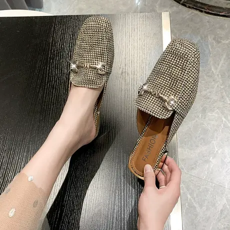 网红包头小香风半拖女鞋2023年款夏穆勒金属扣外穿懒人平底凉拖鞋商品大图