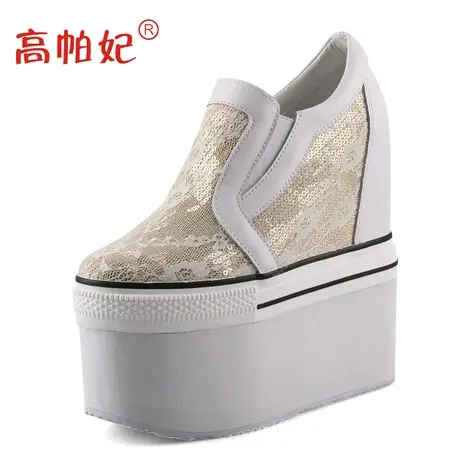 定制恨天高18cm内增高女鞋高跟厚底休闲鞋女蕾丝网纱真皮浅口单鞋图片