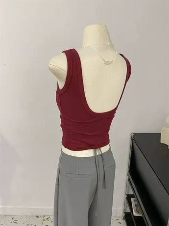 欧美辣妹纯色紧身~配胸垫遮副乳性感露背美背螺纹棉短背心女打底图片
