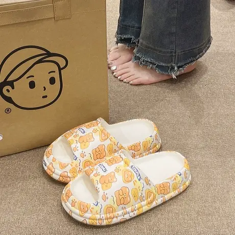 可爱印花小熊一字拖女夏季室内外穿厚底家居家浴室洗澡防滑凉拖鞋商品大图