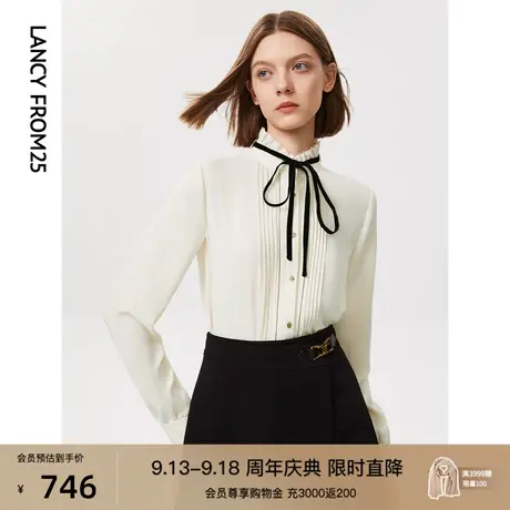 朗姿复古荷叶边领气质立领系带长袖上衣女士衬衣衬衫秋季新款小衫商品大图