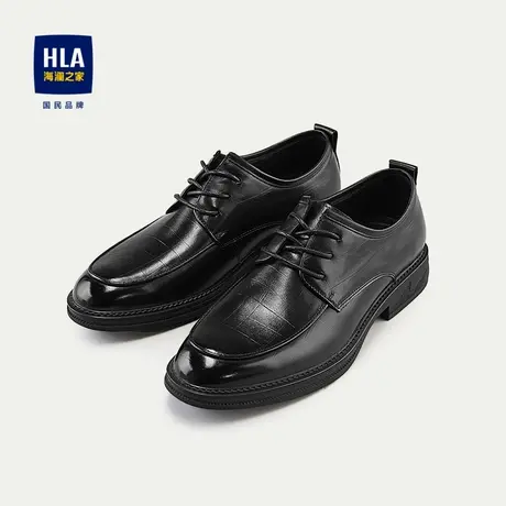 HLA/海澜之家质感牛皮正装皮鞋2024新款抽绳系带圆头格纹鞋子男图片
