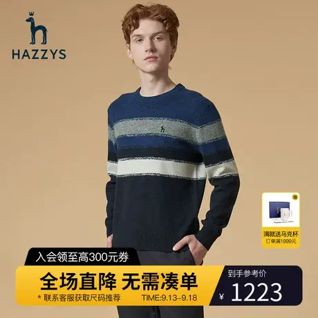 Hazzys哈吉斯冬季新品男士圆领套头针织毛衣韩版宽松羊毛衫男潮流商品大图