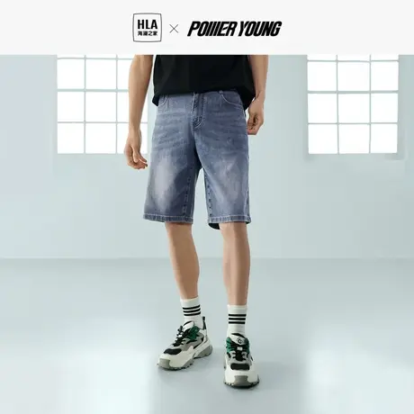 HLA海澜之家POWER YOUNG牛仔中裤23春夏新款猫须工艺五分短裤男图片