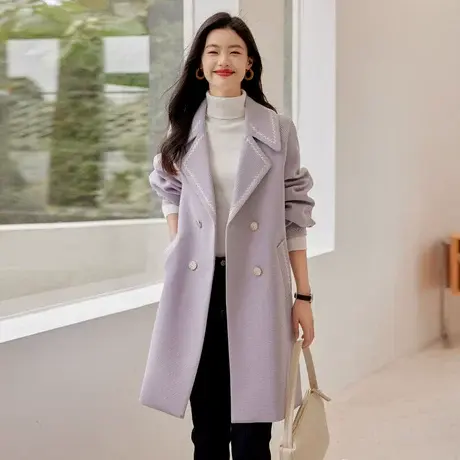 时尚气质长款毛呢外套2022年秋季新款淑女温柔显瘦中长款夹棉上衣商品大图
