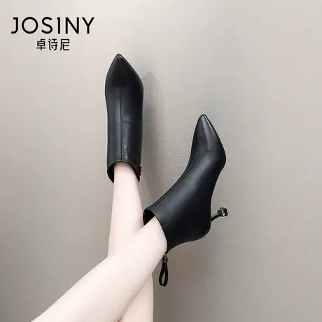 卓诗尼2023秋冬新款显瘦女靴时尚后拉链短筒靴潮流尖头高跟时装靴图片