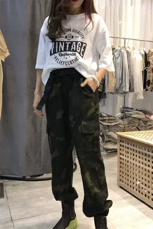 迷彩飘带工装裤女2023春夏季新款高腰显瘦宽松百搭休闲显高束脚裤图片
