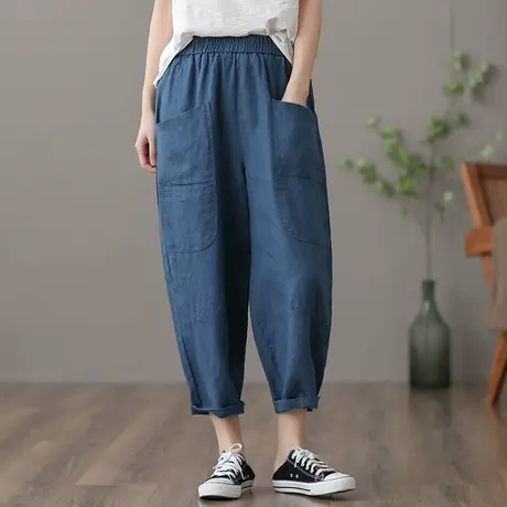 dza 高腰显瘦九分亚麻裤子女士夏季新款宽松阔腿裤复古直筒棉麻裤图片