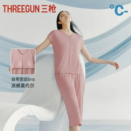 三枪带胸垫睡衣女夏季薄款莫代尔棉短袖中裤大码中老年家居服套装商品大图