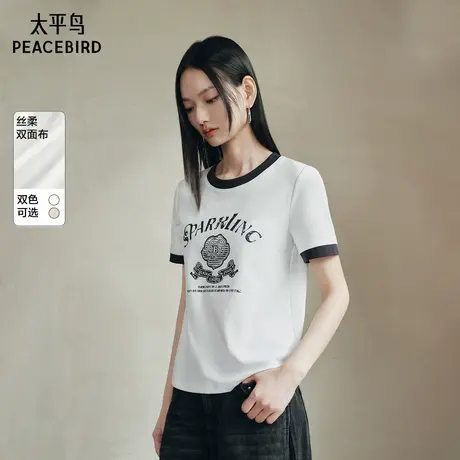 太平鸟 撞色边短袖T恤25夏季新款时尚玫瑰图案丝柔双面布上衣修身商品大图
