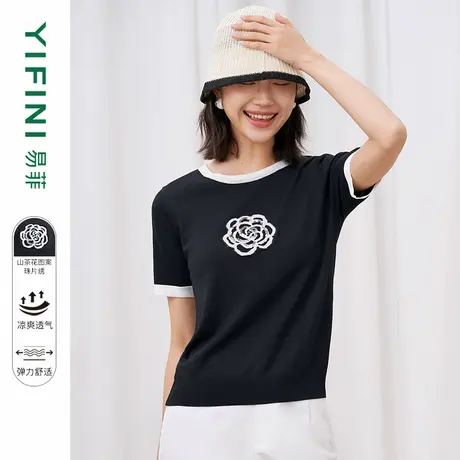 [专柜同款]Yifini/易菲山茶花短款毛衫女夏装新款套头针织衫上衣商品大图