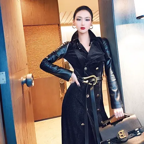 VJE女装时尚开衩拼皮过膝大衣外套春秋新款气质中长款薄风衣女图片