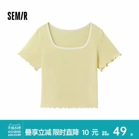 森马短袖T恤女修身显瘦打底衫方圆领内搭薄款夏季上衣甜美木耳边图片