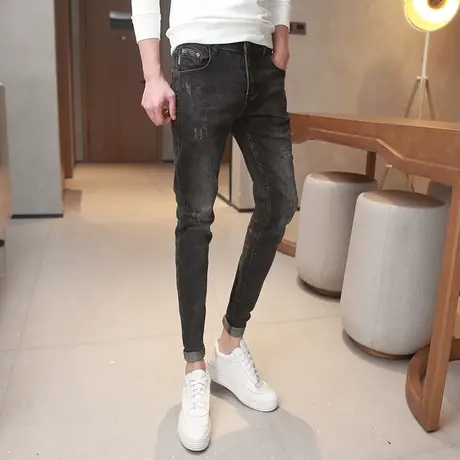 2023秋冬新款黑色破洞猫爪牛仔裤男潮流口袋铅笔裤青年显瘦铅笔裤商品大图